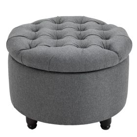HOMCOM Storage Ottoman Bench Round Button Tufted Linen-touch Grey for Living Room Bedroom