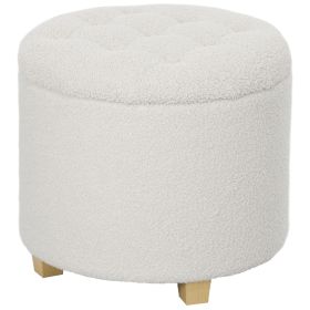HOMCOM 18" Round Ottoman with Storage, Teddy Fleece Button Tufted Foot Stool with Lid, Wood Legs for Living Room Hallway, White