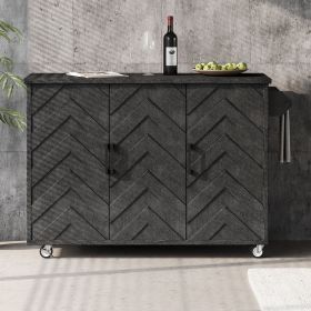 51.2"W 3D Wave Stripes Ash Veneer Kitchen Island with Drop Leaf, Farmhouse Kitchen Island on Wheels with Internal Storage Rack, Rolling Kitchen C (Color: Black, Material: MDF,Pine)